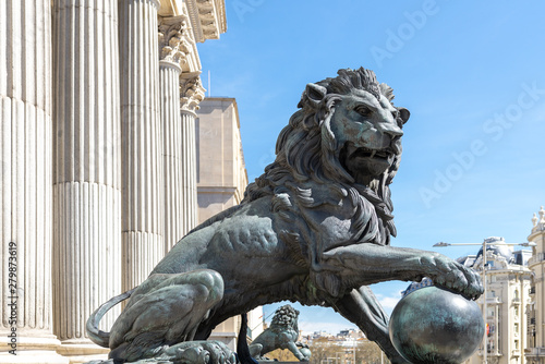 Lion statue at the entrance of the Spanish Parliament (Congreso de los Diputados), Madrid, Spain