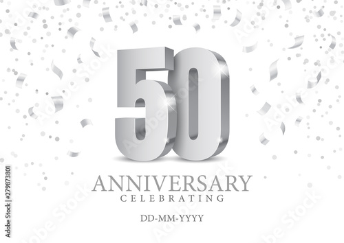 Anniversary 50. silver 3d numbers. Poster template for Celebrating 50th anniversary event party. Vector illustration