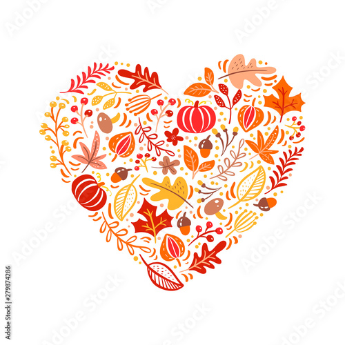 Vector autumn elements made in heart love. Mushroom, acorn, maple leaves and pumpkin isolated on white background. Perfect for seasonal holidays, Thanksgiving Day