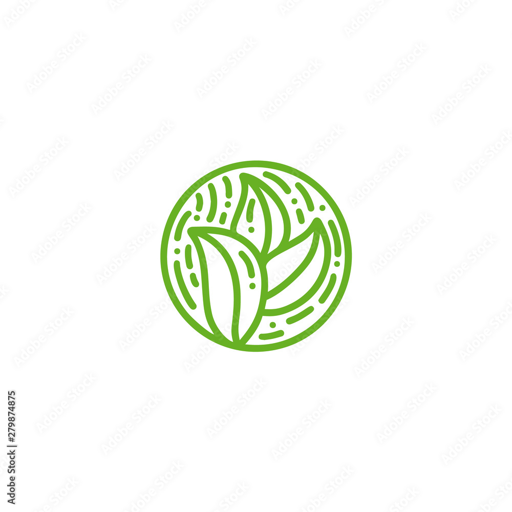 Round bio emblem in a circle linear style. Tropical plant green leaves logo. Vector abstract badge for design of natural products, flower shop, cosmetics, ecology concepts, health, spa, yoga Center Round bio emblem in a circle linear style. Tropical plant green leaves logo. Vector abstract badge for design of natural products, flower shop, cosmetics, ecology concepts, health, spa, yoga Center