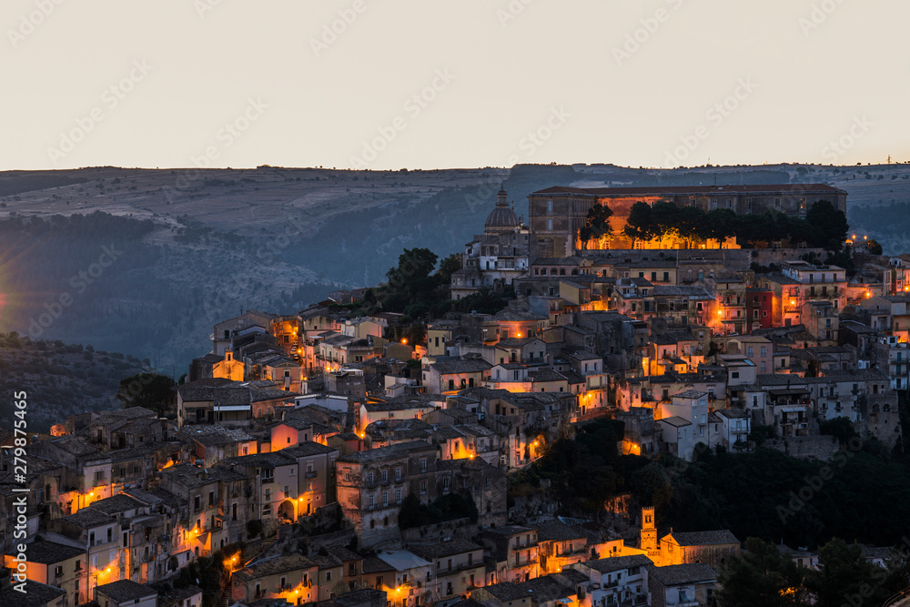 Panoramic night view of the old italian city Ragusa Ibla in Sicily, south Italy