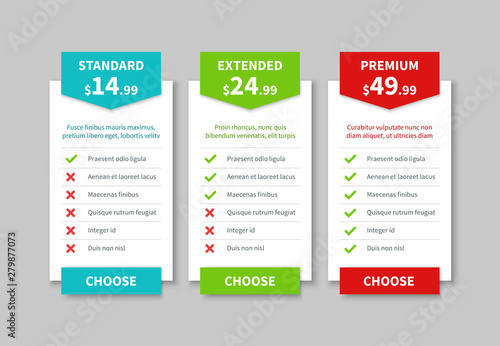 Comparison pricing list. Price plan table, product prices comparative tariff chart. Business infographic option banner vector template