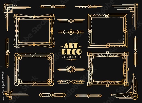 Art deco elements. Gold wedding deco frame border, classic dividers and corners. 1920s retro luxury art golden abstract vector design