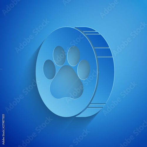 Paper cut Paw print icon isolated on blue background. Dog or cat paw print. Animal track. Paper art style. Vector Illustration