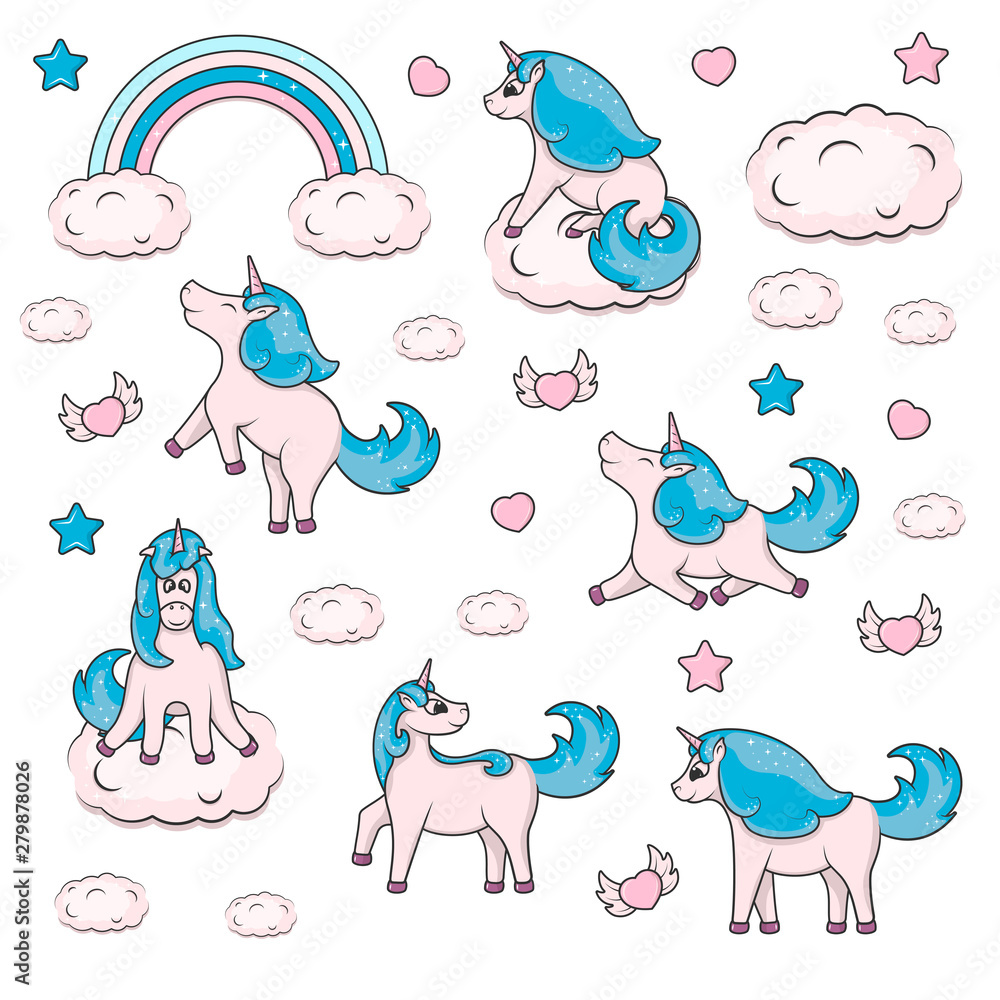 Fototapeta premium Set of cute unicorns with clouds, hearts and rainbow. Lovely doodle for baby birthday invitation. Fancy magical illustration of a girlish fairy pony for kids.