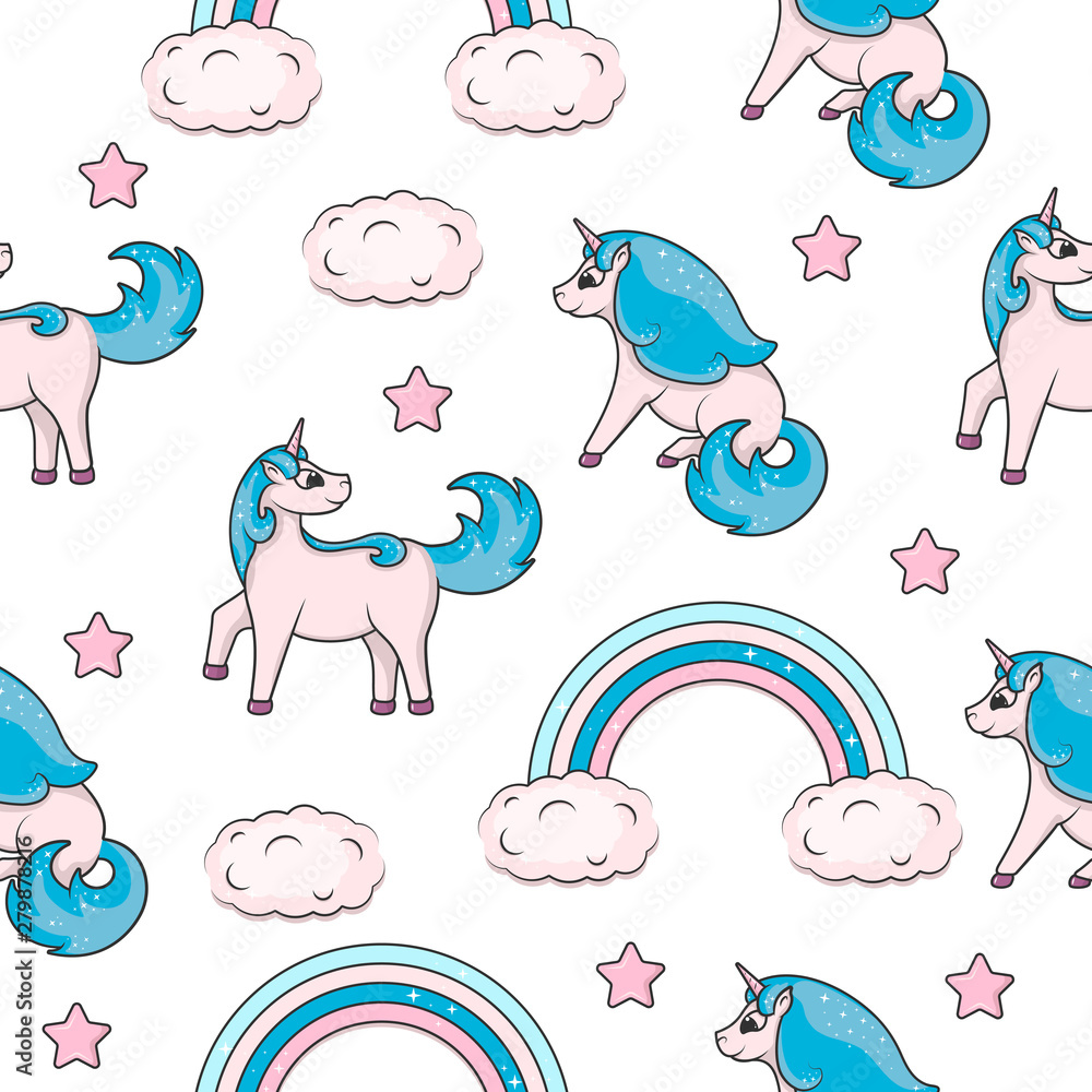Cute unicorns seamless pattern with clouds, stars and rainbow. Background for baby textile. Vector illustration of a girlish fairy pony for kids. Design for children wrapping paper.