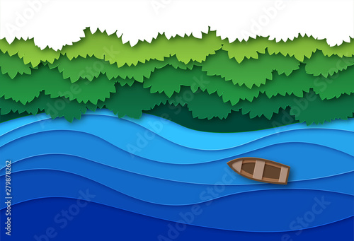 Paper cut river. Top view water stream and green tropical forest trees canopy. Creative origami natural aerial vector landscape photo