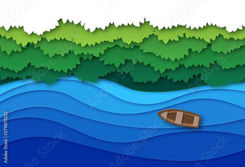 Paper cut river. Top view water stream and green tropical forest trees canopy. Creative origami natural aerial vector landscape