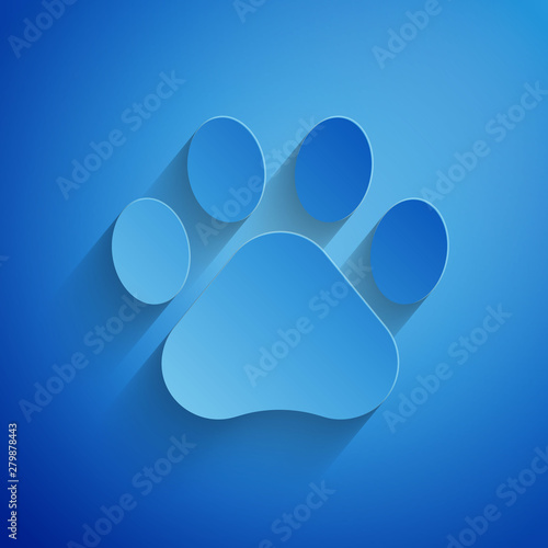 Paper cut Paw print icon isolated on blue background. Dog or cat paw print. Animal track. Paper art style. Vector Illustration