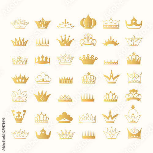 Super big collection hand drawn kings and queens golden crown outlines and silhouettes. Vintage gold royal heraldic symbols. Imperial diadem icons.