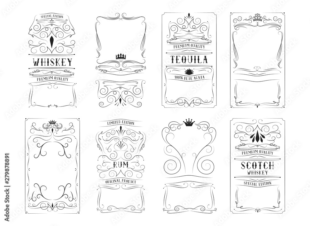 Set of vintage Irish whiskey royal labels for bottle. Hand drawn alcohol frame border for scotch, rum, tequila.