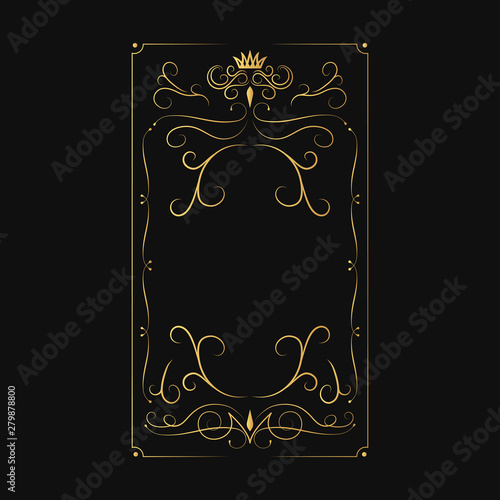 Golden ornate royal label with crown for Irish whiskey bottle. Hand drawn gold vintage alcohol frame. Certificate border. 