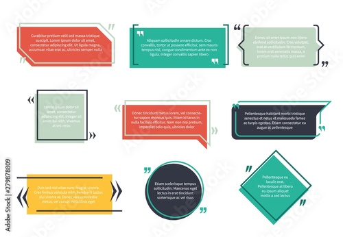 Texting boxes. Feedback typography quote box speech bubble template text note brackets citation page empty frame and geometric logo set