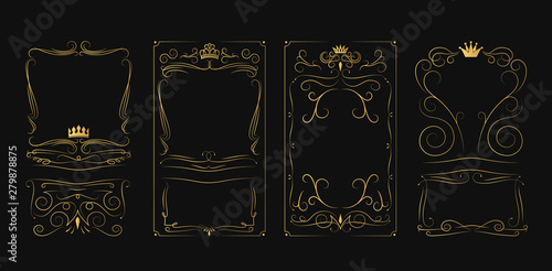 Set of golden vintage royal labels for bottle. Hand drawn alcohol frame for scotch, rum, tequila. Gold Irish whiskey border.