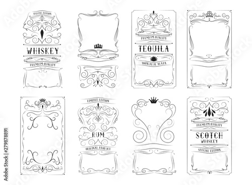 Set of vintage Irish whiskey royal labels for bottle. Hand drawn alcohol frame border for scotch, rum, tequila. 
