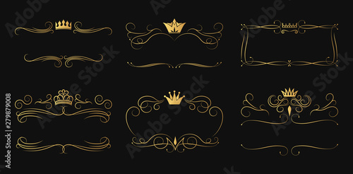 Set of ornate golden crown frames. Elegant gold vintage borders for alcohol bottle branding. Swirl Irish whiskey royal ornament.