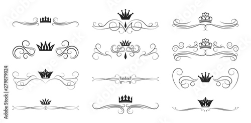 Set of hand drawn swirl royal text dividers. Vector calligraphic lines  vintage borders and wedding frames. Vector isolated luxury crown elements.