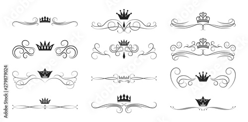 Set of hand drawn swirl royal text dividers. Vector calligraphic lines, vintage borders and wedding frames. Vector isolated luxury crown elements.