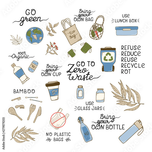 Zero Waste items and elements. Glass bottles, eco grocery bags, bamboo cutlery, toothbrush and brush, reusable cup. No plastic, go green illustration. 