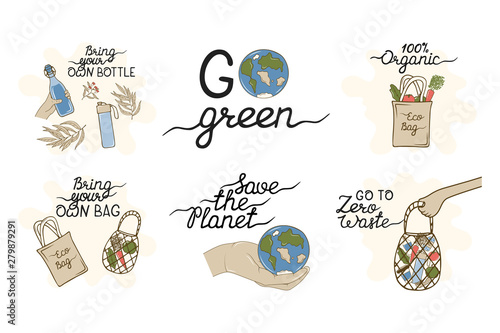 Zero Waste concept badges. Glass bottles, eco grocery organic bags. Ecology elements. Go green illustration. Hand holding the planet.