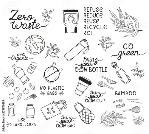Zero Waste concept outline items and elements. Glass bottles, eco grocery bags, bamboo cutlery, toothbrush and brush, reusable cup. Ecology outline elements. No plastic, go green illustration.