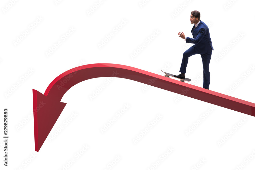 Businessman riding skateboard on financial graph Businessman riding skateboard on financial graph