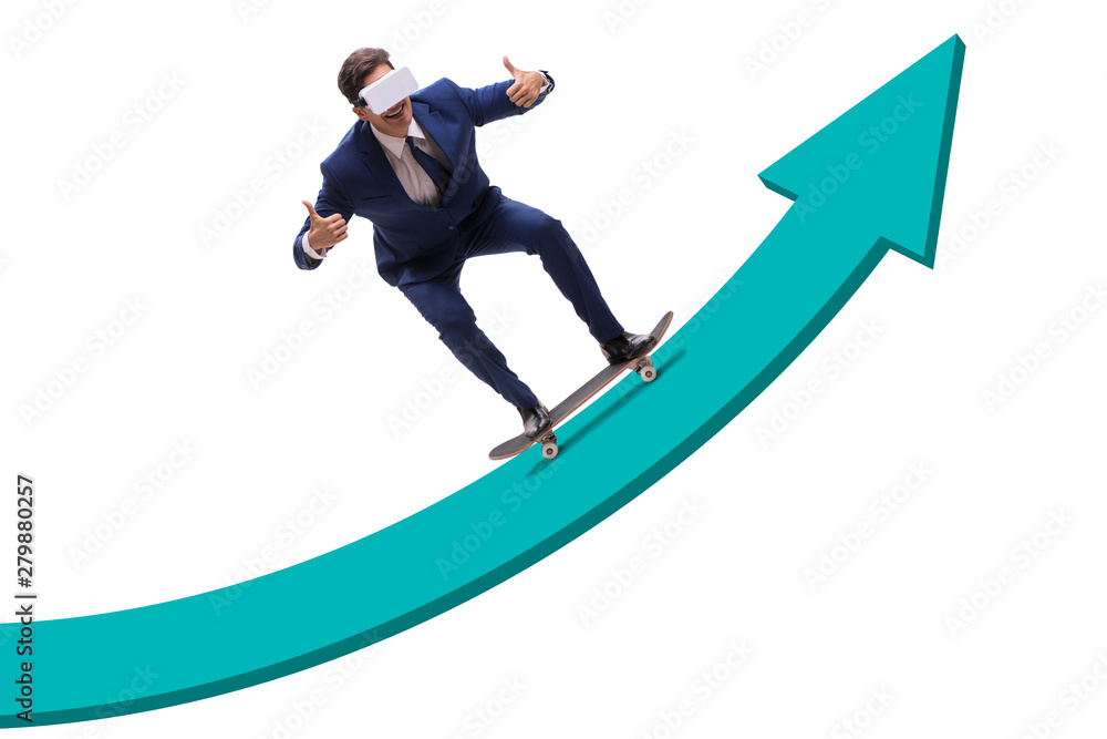 Businessman riding skateboard on financial graph