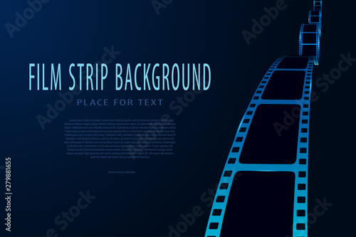 Realistic 3d film strip in perspective. Film reel stripe cinema isolated on blue background. Vector template cinema festival. Movie backdrop for brochure, leaflet, poster, tickets, banner