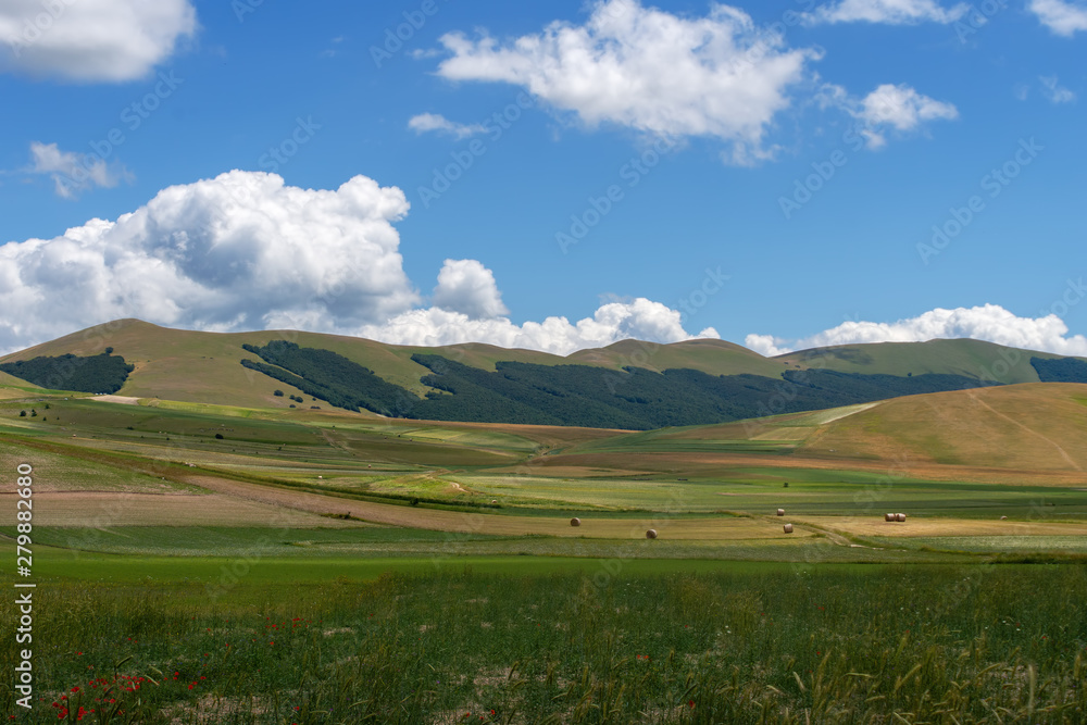 Castelluccio di Norcia, in Umbria, Italy. Fields and hills, sunny day. Green agricultural rural landscape. With bales of hay and poppie in foreground. Castelluccio di Norcia, in Umbria, Italy. Fields and hills, sunny day. Green agricultural rural landscape. With bales of hay and poppie in foreground.