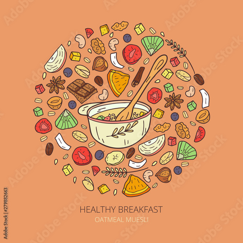 Illustration of healthy oatmeal muesli. Healthy granola food for breakfast organic snack. Cartoon vector sketch of oatmeal muesli.