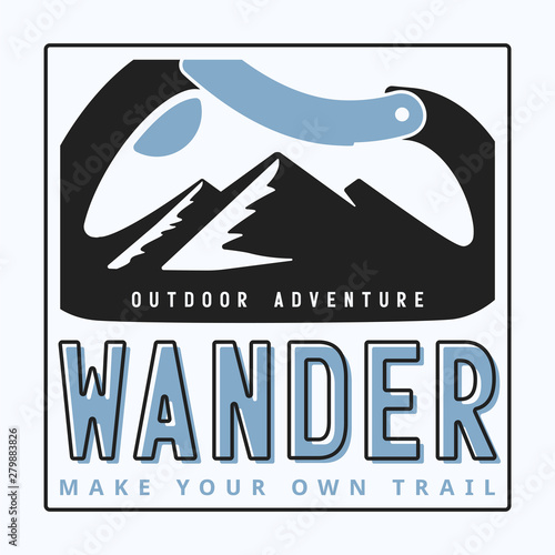 typography slogan wander outdoor adventure with carabiner and alpine mountain silhouette inside background illustration for T-shirt and apparels graphic vector Print