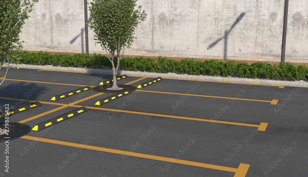 Obraz premium Empty car parking without cars. Parking spaces, sidewalk for pedestrians with flower bed. 3D render.