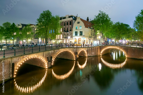 Intersection of Keizersgracht and Leliegracht at night, Amsterdam, North Holland, Netherlands photo