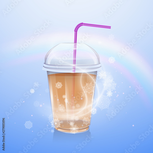 Cocktail, Glass of drink with tubule. Cooling drink in a plastic Cup Can be used like design for party invitations or menu. Realistic vector illustration