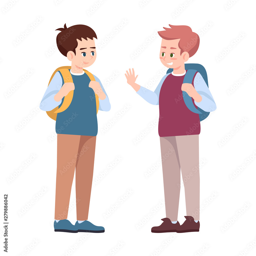 Classmates saying goodbye flat vector illustrations. Schoolmates, schoolboys talking isolated cartoon characters. Boys after school lessons. Preteen schoolchildren with backpacks communicating Classmates saying goodbye flat vector illustrations. Schoolmates, schoolboys talking isolated cartoon characters. Boys after school lessons. Preteen schoolchildren with backpacks communicating
