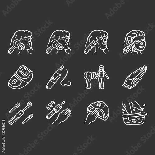 Beauty devices chalk icons set. Home, salon cosmetology procedures. Beauty gadgets, instruments. Face massager, blackhead remover, epilator, nose hair trimmer. Isolated vector chalkboard illustrations