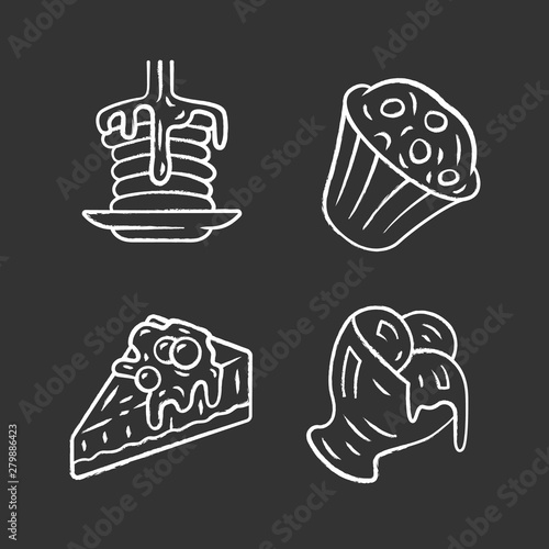 Desserts chalk icons set. Pancakes, muffin, cheesecake, ice cream. Bakery shop, confectionery menu. Plombir, gelato, cupcake. Sweet food, confections dishes. Isolated vector chalkboard illustrations