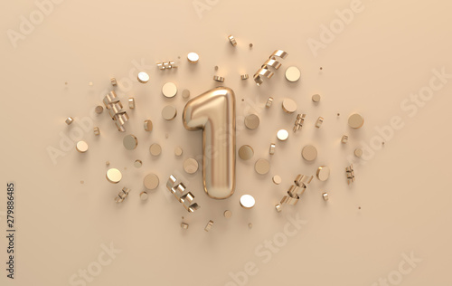 Golden 3d number 1 with festive confetti and spiral ribbons. Poster template for celebrating 1st anniversary event party. 3d render
