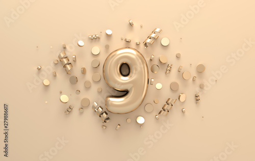 Golden 3d number 9 with festive confetti and spiral ribbons. Poster template for celebrating anniversary event party. 3d render