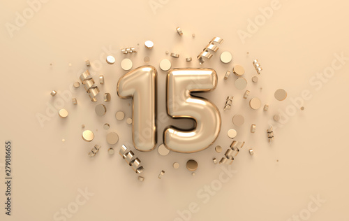 Golden 3d number 15 with festive confetti and spiral ribbons. Poster template for celebrating anniversary event party. 3d render