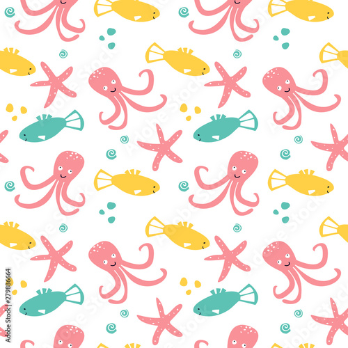 Seamless pattern with sea animal - fish  starfish  octopus. Cute cartoon character.