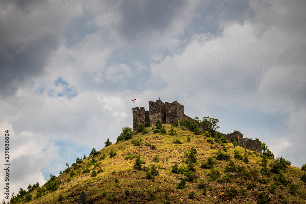 Ruins of medieval fortress Maglic on top of hill by the Ibar river in Serbia. Valley of this river is also called Lilac valley.