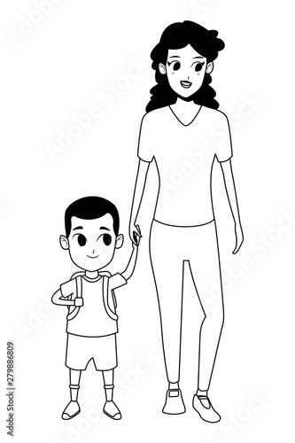 Family single mother with kid in black and white