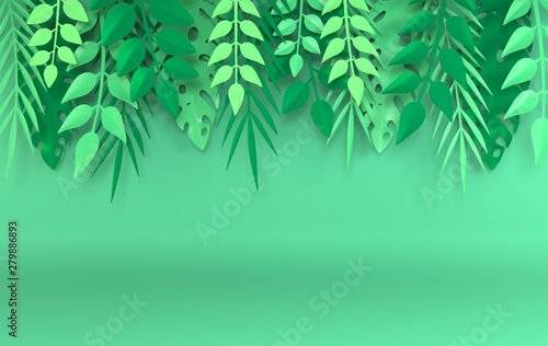 Fototapeta Naklejka Na Ścianę i Meble -  Tropical paper palm, monstera leaves frame. Summer tropical leaf. Origami exotic hawaiian jungle, summertime background. Paper cut style. 3d render