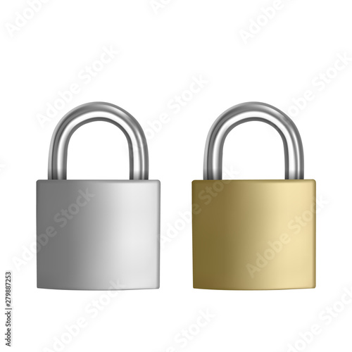 Two realistic icons Silver and Golden padlock in the closed position, isolated on white background, Vector EPS 10 illustration