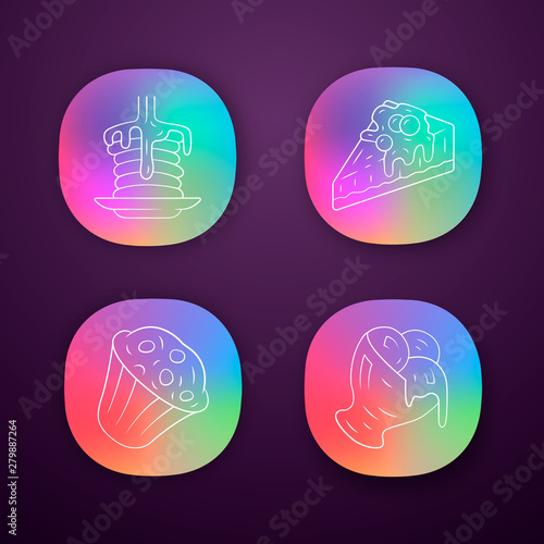 Desserts app icons set. Pancakes, muffin, cheesecake, ice cream. Confectionery menu. Sweet food, confections dishes. UI/UX user interface. Web or mobile applications. Vector isolated illustrations