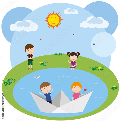 Launching paper boats. Game...