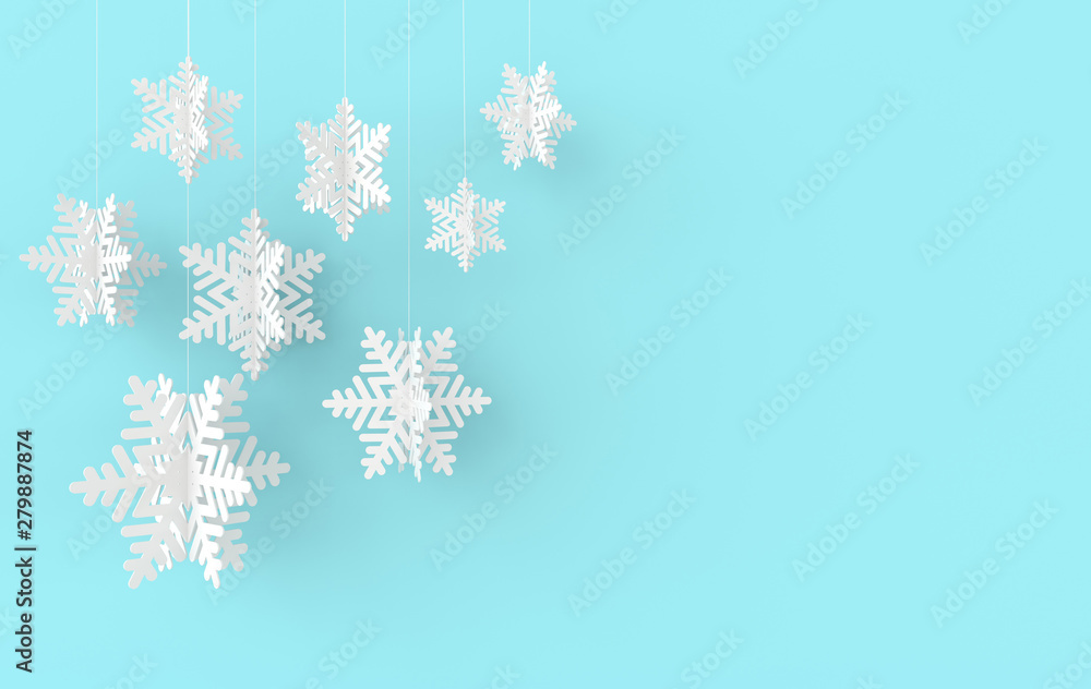 Christmas background with white paper snowflakes. Winter decoration. Xmas and new year paper art style greeting card, 3d render illustration on blue background. Christmas background with white paper snowflakes. Winter decoration. Xmas and new year paper art style greeting card, 3d render illustration on blue background.