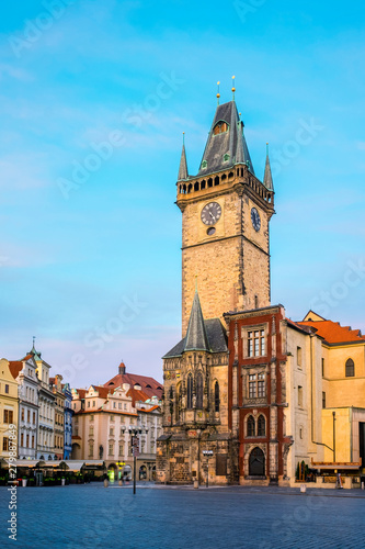 Czech Republic, Prague, Stare Mesto (Old Town). Old Town Hall on Staromestske namesti, Old Town Square at dawn. photo