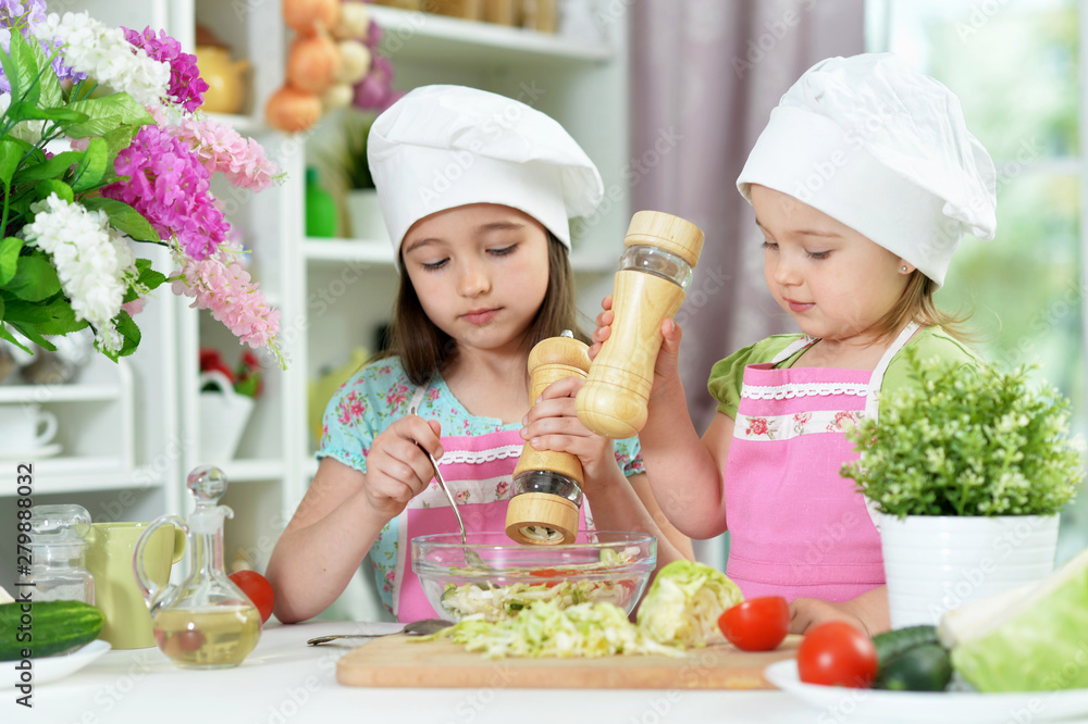 Cute girls preparing delicious fresh salad in kitchen Cute girls preparing delicious fresh salad in kitchen